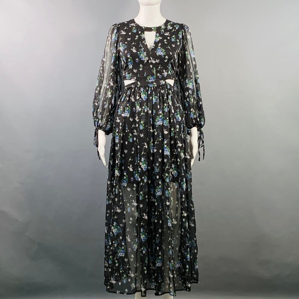 MAJE Size S Black Green Blue Chiffon Floral Cutout Midi Dress